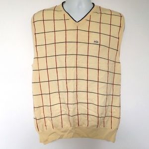 Crocodile Sweater Vest V Neck Beige Red Black Check Sz L Preppy Golf Merino Wool